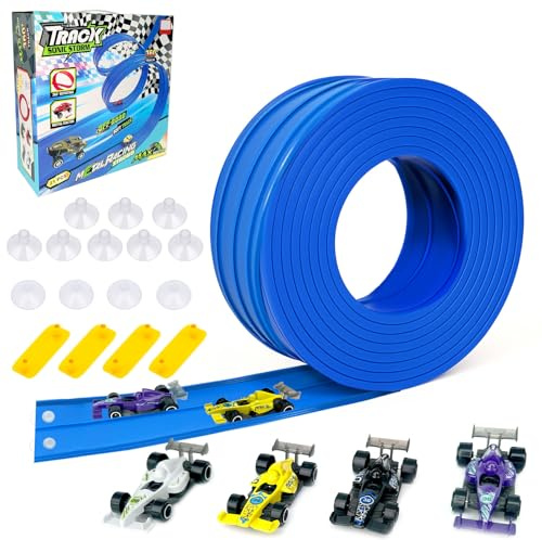 Car Racing Track(4M), 21 Pcs Pista de Coches, Circuito de Carreras de Goma, con 4 Coches y 12 Ventosas, Regalo para Niño y Niñas(Azul)