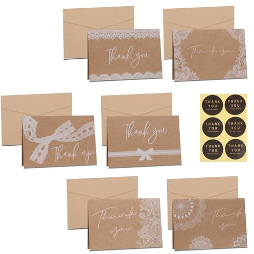 Tweruna 24 Stück Dankeskarten mit Umschlägen aus Kraftpapier und Aufklebern, 6 Designs Klassische Grußkarten für Abschlussfeier, Hochzeit, Festival, Geschäft, Jubiläum, Party