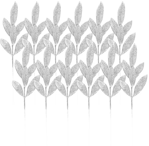 Tabanzhe 12 Pcs Silver Glitter Artificial Christmas Leaves,Xmas Tree Picks for Wreath,Holiday Decoration,Wedding Bouquet Centerpiece & DIY Crafts
