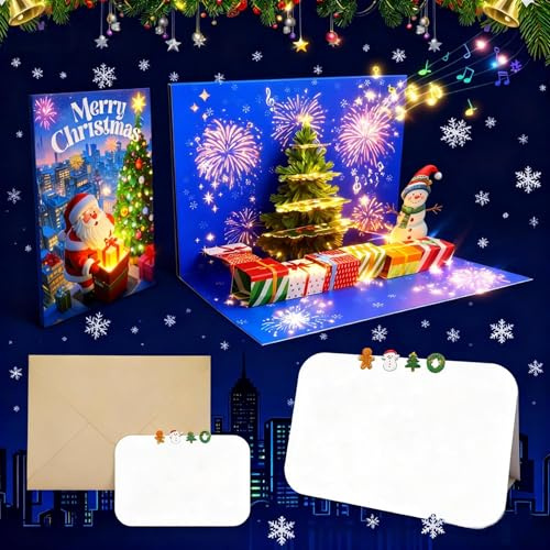 Tarjeta de Navidad con Música y Luces LED, Tarjeta Pop Up Navidad 3D con Árbol, Regalos y Muñeco de Nieve, Tarjeta de Felicitación con Envoltorio, Tarjeta de Navidad para Mujeres, Hombres y Niños