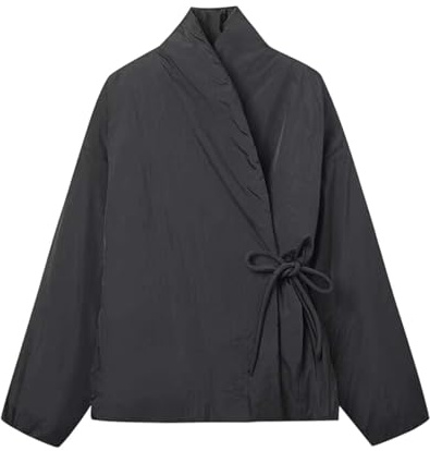 Generisch Giacca trapuntata leggera da donna in stile kimono da legare – Giacca avvolgente imbottita senza colletto | Giacca minimalista per le mezze stagioni dal design giapponese, Stil_z01 grigio, L