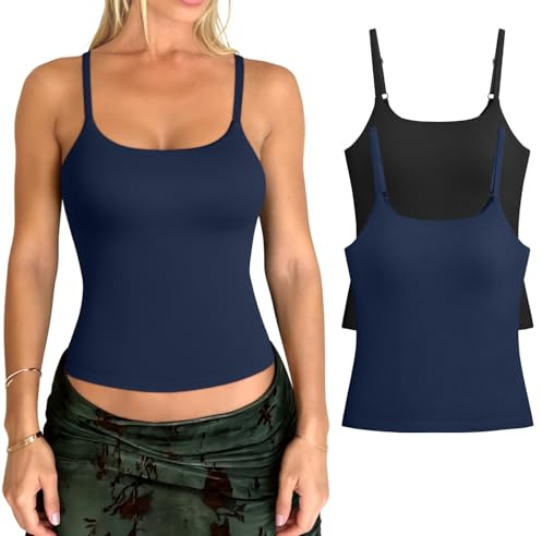 OQQ Women's Sports Bra 2 Pack Built in Bra Adjustable Strappy Workout Top Yoga Tank with Removable Pads Black Navy Blue