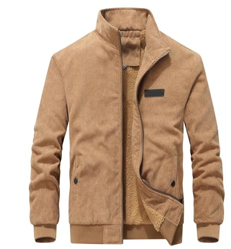 Eauptffy Giacca bomber da uomo invernale Corduroy con colletto alto, in pile, tinta unita, ispessita, giacca in pile, parka spessa, giacca invernale slim fit, O kaki, XS