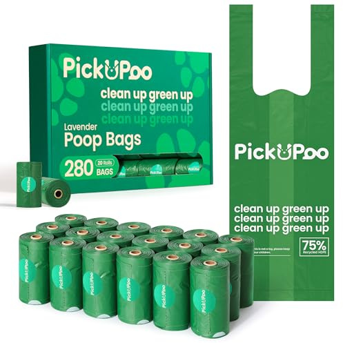 Sacs à crottes pour chiens avec anses à nouer, parfum lavande, 20 rouleaux de 280 sacs, verts, adaptés aux distributeurs et supports standards.