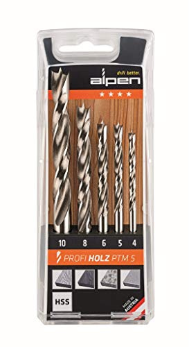 Bohrer / HSS Maschinen Holzspiralbohrer PTM 5, 5-teilig | Holzbohrer zum Bohren von Weich- und Harthölzern, Spanplatten und Hartfaserplatten., hitzebeständig, punktgenau | Ø 4 / 5 / 6 / 8 / 10 mm