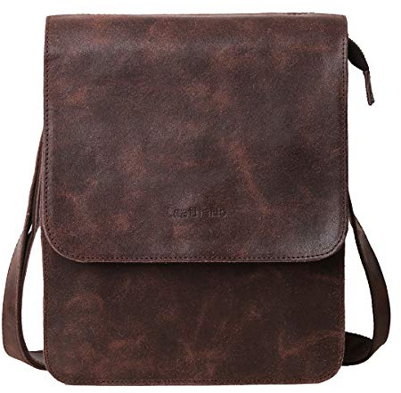 Leathario Borsa da Uomo a Tracolla in Vera Pelle Messenger Borsello a Spalla con Multi Tasche per Lavoro Scuola Viaggio e Vita Quotidiana contiene Pad di 9.7 Pollici