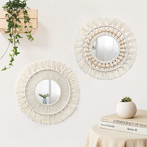Betylifoy 2 Pièces en Macramé Tenture Murale Miroir Décoratif avec Feuilles Tissées Boho Fringe Miroir Rond pour Chambre Salon Pépinière Décor à la Maison (Style-09)