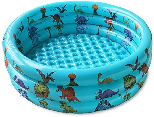 Dinosaur Inflatable Baby Pool - Small Toddler Blow Up 3 Rings Round Pad Pool, Outdoor/Indoor Play Center with Ball Pit & Toys - 48'x12'