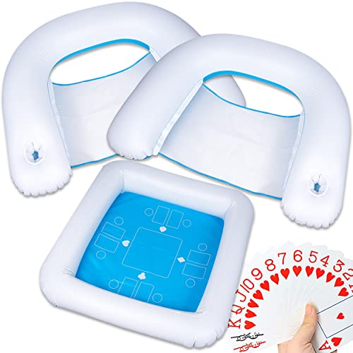 ZONETECH Inflatable Game Table and Chairs with Waterproof Playing Cards, Floating Table for Pool for Adults, Family, Party, Beach Game Station Set Blue/White