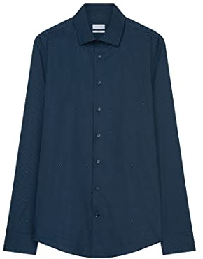 Seidensticker Men's Business Shirt - Extra Slim fit - Non-Iron - Kent Collar - Long Sleeve - Print - 100% Cotton Darkblue