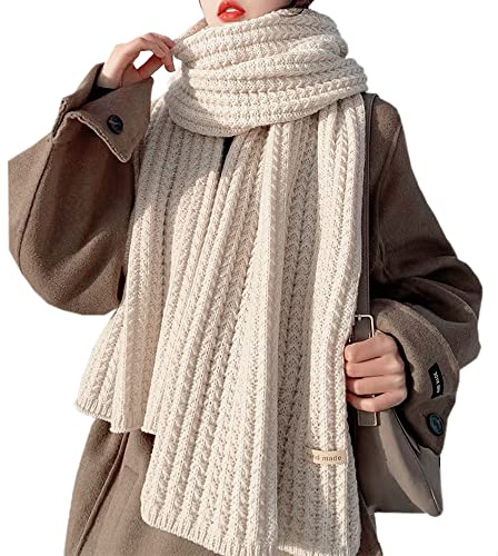 Écharpe d'hiver en tricot épais et chaud pour femme - Grande écharpe côtelée - Longue écharpe en polaire - Cache-cou en laine douce et tendance, beige, Large