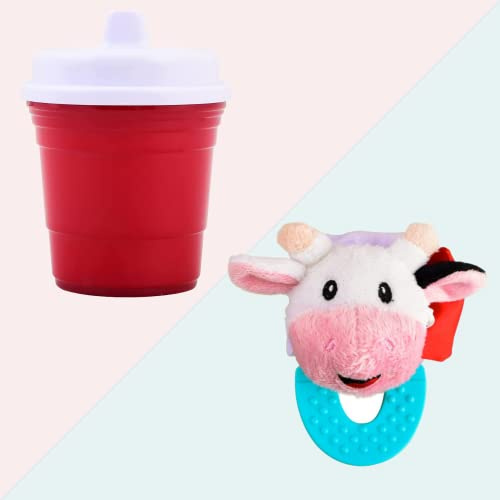 Wristy Buddy Cow Baby Teether & Red Cup Living Baby Sippy Cup 8oz, Safe and Soothing Teether & Adorably Cute Sipper for Teething Infants, Babies, Toddlers & Kids- Perfect Gifting Combo