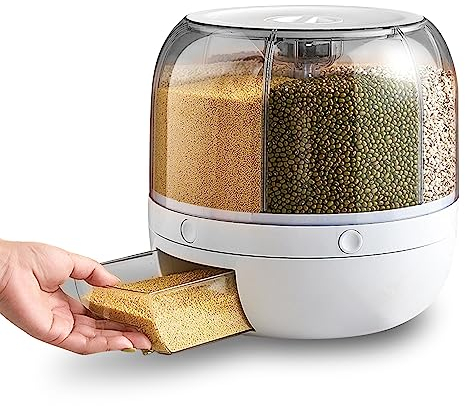 Sonew Dispensador de Granos de 6 Rejillas, Caja de Almacenamiento de Alimentos Secos con Tapa, Caja de Almacenamiento de Arroz Hermética, Rotación de 360°, para Alimentos Secos