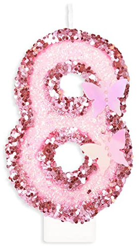Födelsedagsljus siffror 8, fjärilsljus födelsedag, personliga födelsedagsljus för barn, rosa tårtdekorationer 8-årsdagen, glittrande tårtdekoration för barn födelsedag
