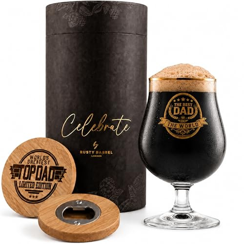 Rusty Barrel Personalised Best Dad Beer Glass – 400ml Dad Glass with Coaster/Bottle Opener, Hand-Decorated with Real Gold – Premium Father’s Day & Birthday Gift in Luxury Gift Box