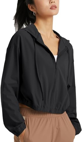 altiland Women's UPF 50+ Sun Protection Cropped Jackets Zip Up Cooling Shirt Athletic Workout Running Hoodie (Black, M)