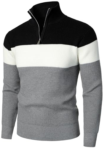 HOOD CREW Men’s Contrast Color Patchwork Jumper 1/4 Zip Knitted Sweater Long Sleeve Tops