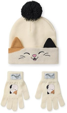 Squishmallows Beanie Hat & Gloves Set | Childrens Knitted Winter Hat with Cam The Cat Character in Beige | Kids One Size Cold Weather Hat & Gloves with Pom Poms | Plush Toy Merchandise Gift