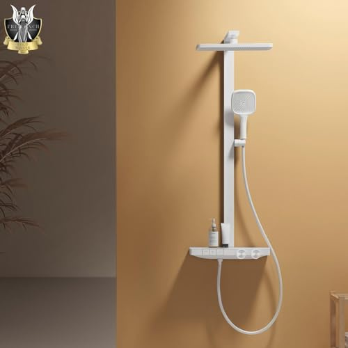 EMKE Sistema doccia con termostato, bianco opaco, flusso regolabile, doccia a pioggia, set doccia con doccia a pioggia da 36 x 24 cm, set doccia con quantità di acqua regolabile, doccetta a 4 getti