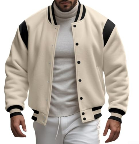 Jonikuper Veste de baseball sans col pour homme - Veste légère et décontractée - Veste de baseball lourde en velours - Col montant - L abricot