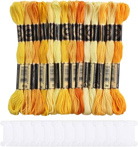 DERAYEE 14 Pcs Fils de Broderie Point de Croix Jaune avec Carte, 8M Fils Coton pour Bracelet d'amitié, Kit Loisirs Créatifs et Fournitures de Couture