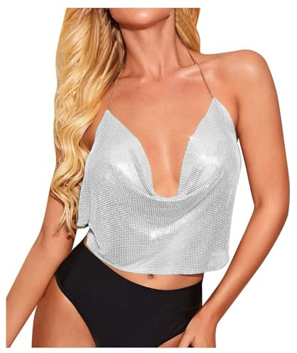 Magfri topp damer crop toppar linne dammode sexig metall sling slips axelbandslös rör topp paljetter crop top party skjorta damer sexig