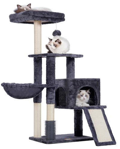 Heybly Rascador para Gatos, El Cepillo de Autolimpieza, El Árbol para Gatos Domésticos, con Peluche Liso, Silla de Descanso, Nido de Gato con Panel y Postes de Raspado, Gris Ahumado HCT005SG