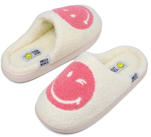 ZHPTO SmileyWorld® Chaussons Homme et Femme Chaude Antidérapantes Confortables Pantoufles en Peluche Mousse à Mémoire Chausson Hiver Intérieur Extérieur Rose Blanc
