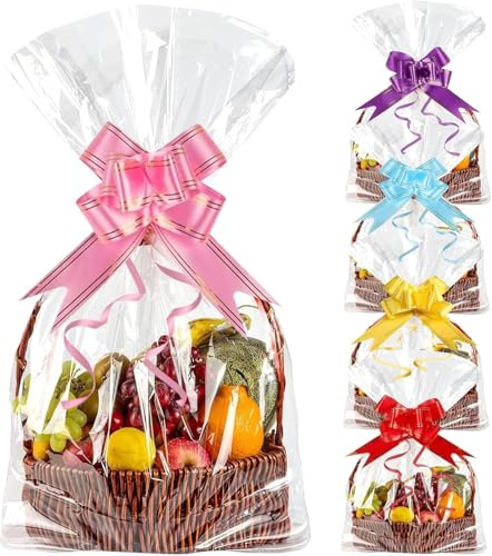 Lot de 10 Grands Sacs Cadeaux en Cellophane Transparent - 60 x 90 cm - Film Panier Cadeau Transparent avec 10 Nœuds à Tirer pour Paniers, Fleurs, Mariage