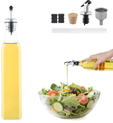Beylce aceitera antigoteo cristal, 1x500ml aceitera y vinagrera con tapón antimanchas, etiqueta, corcho, rotulador de pizarra, embudo de acero inoxidable para cocina y barbacoa