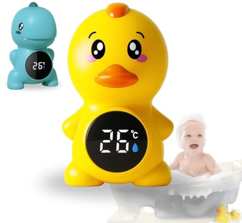 Hello Hippo® – Lot 2 Thermomètres Bain Bébé Digitaux : Poussin & Dinosaure – Flottants, Étanches, Écran Tactile, 3 Couleurs d’Alerte, Sans BPA – Utilisation Bain et Chambre