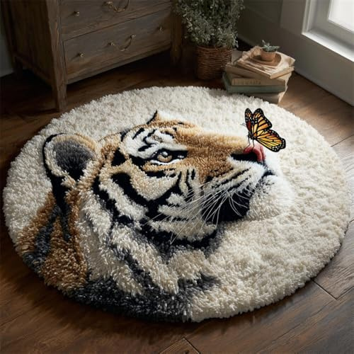 Kitquiver Tier Knüpfteppich Set Tiger Und Schmetterling Knüpfset Für Anfänger，Gobelin-Teppich-Set Für Erwachsene，Selbstknüpfendes Sets，Diy-Bastelsets 50x50cm