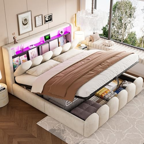 Ktipm Cama 180x200 cm Camas Matrimoniales con Luz LED y Carga USB, Cama Tapizada Doble con Cabecero Abatible y Almacenaje Hidráulico, Cama Matrimonio con Listones Madera, Terciopelo, Sin Colchón,Beige