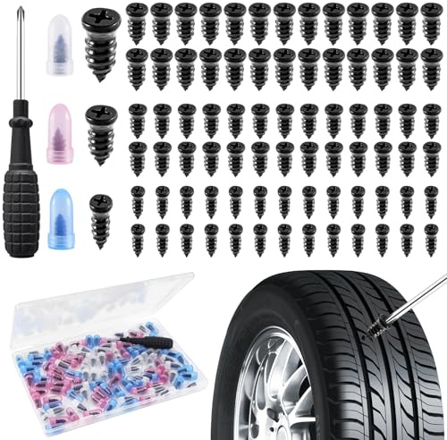 100 Piezas Clavo de Goma para Neumáticos, Kit Repara Pinchazos Coche, Kit de Reparación de Neumáticos con Destornillador, 3 Tamaños Antipinchazos Coche para Coche, Moto, Bicicleta (33S+33M+34L)