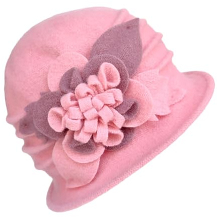 OBASDFD 1920-tals blommig ullklänning med vinterhatt för kvinnor (ljus), Rosa, one size