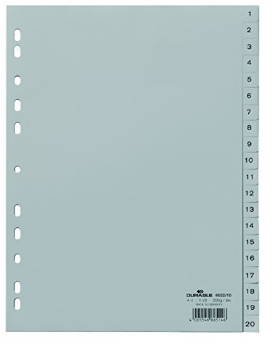 Durable Zahlenregister A4, geprägte Taben 1-20, 20 Blatt, grau, 652210