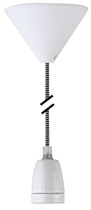 NCC-Licht Design Pendelleuchte Textilkabel E27 Keramik Fassung Weiß & weißem Baldachin (schwarz-weiß)