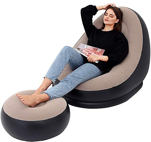 LONEEDY Aufblasbares Lounge Freizeit-Sofa/-Stuhl und Fußhocker, zusammenklappbar, für den Außenbereich, beflockt( Braun)
