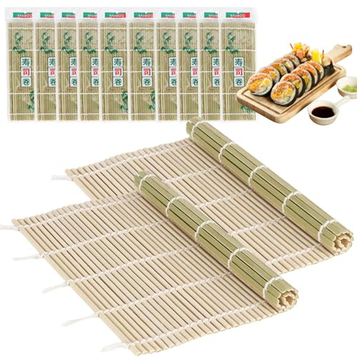 LEQC 10PCS Bamboo Sushi Mat 9.5x9.5 – Durable Bamboo Sushi Rolling Mat, Tightly-Bound Design for Home Cooking & Professional Sushi Making (Green)