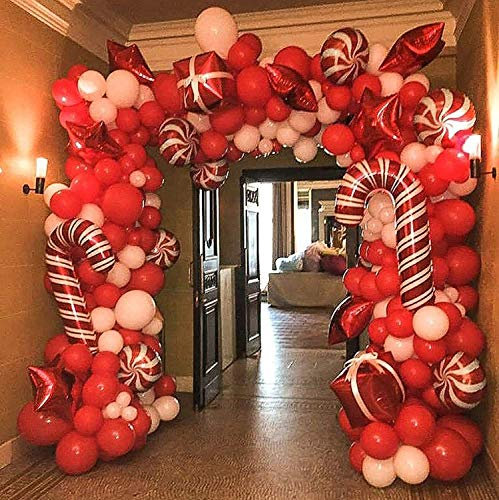 Christmas Balloon Garland Arch kit with Xmas Red White Candy Balloons Gift Box Red Star Balloons for Xmas Party Decorations Christmas Background