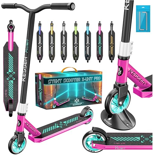 KESSER® Patinete Acrobático X-Limit-Pro, Funscooter Con Dirección de 360Ḟ, Soporte, Rodamientos ABEC 9, Ruedas PU 110 mm, Scooter, Rosa/Turquesa