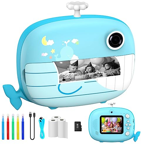 Ushining Camara Fotos Infantil Instantanea, 10X Zoom 1080P Videocámara Cámara Instantánea Niños con Pantalla de 2,4 Pulgadas Papel de Impresión y Tarjeta TF de 32GB, Regalos para Niños y Niñas, Azul