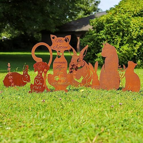Steelmonks Cortenmeister - Edelrost Gartendeko für Draußen. Cortenstahl Baumstecker für Deinen Garten. Echter Cortenstahl Gartenstecker für Jede Jahreszeit (45cm, Süße Katze)