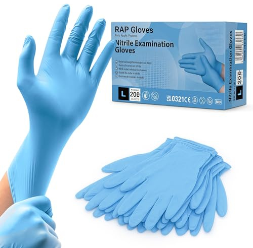 RAP Gloves Blue Nitrile Gloves Large - 200 Disposable Gloves Powder Free Latex Free - Tear Resistant Examination Gloves, Food Safe - Multi Purpose for Care, Catering, Cleaning, Salon, DIY and Trade