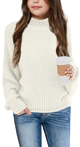 Wenrine Girls Jumper Half Turtleneck Pullover Long Sleeve Sweater Warm Winter Knitwear for 5-14 Years, Beige, XL