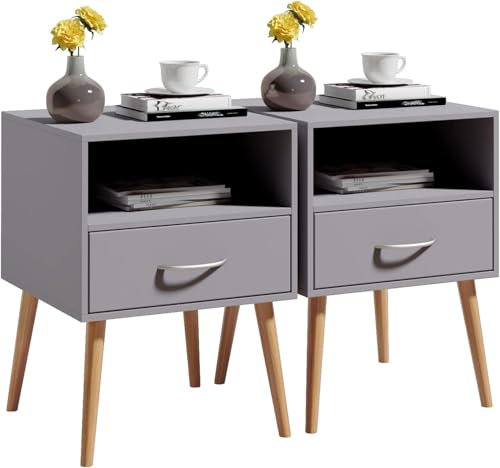 AxisFurn Nachttisch 2er Set, Nachtschrank mit Schublade und offenem Fach, Holzbeine Nachtkommode, Beistelltisch Sofatisch für Wohnzimmer, Schlafzimmer, 40 x 40 x 56 cm, Grau