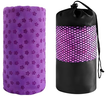 Non-Slip Hot Yoga Towel with Grip Dots, Sweat Absorbent, Quick-Drying, Ideal for Hot Yoga & Pilates, Washable, Free Carry Bag (Purple)