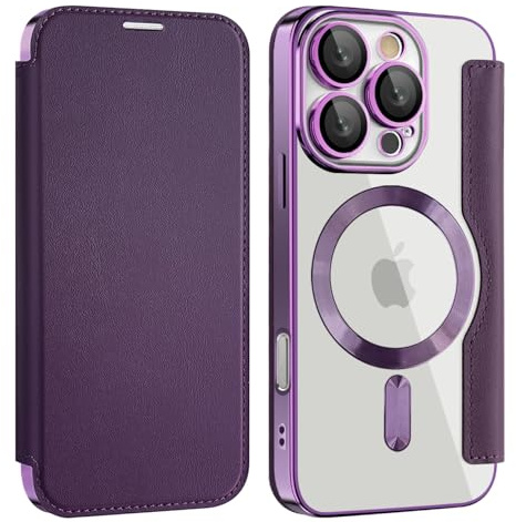 Unichthy Flip Case for iPhone 16 Pro Max Clear Cover Support MagSafe |RFID Blocking| Wallet Purse Shockproof Leather Individual Protection for Each Lens Phone Skin for iPhone 16 Pro Max Purple