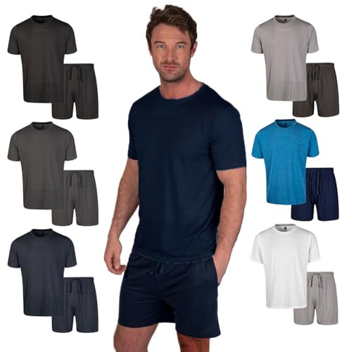 Light & Shade Men’s Loungewear Set T-Shirt & Shorts Cotton Pyjamas with Drawstring Waist Casual Nightwear Set (Navy, L)