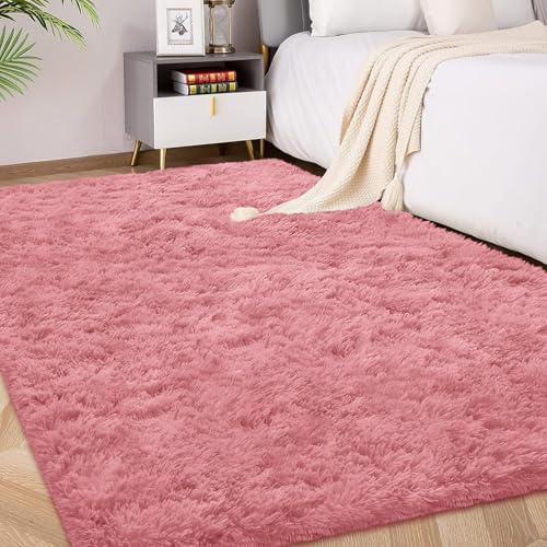 FVVRAX Tappeto in morbido tessuto di pile 90x150 cm Rosso | Tappeto Shaggy extra morbido antiscivolo per soggiorno, camera da letto | Confortevole tappeto per bambini e animali domestici